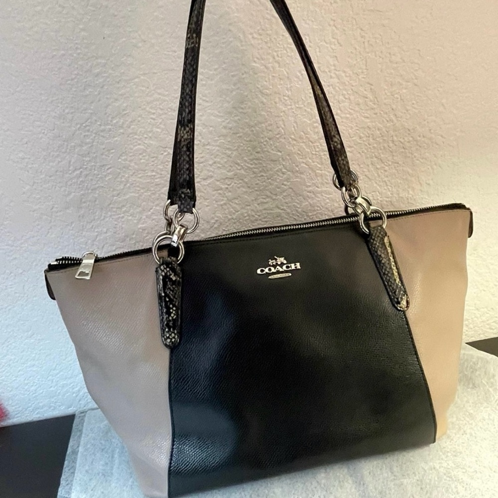 Coach Ava Two-Tone Black and Tan Snakeskin Tote